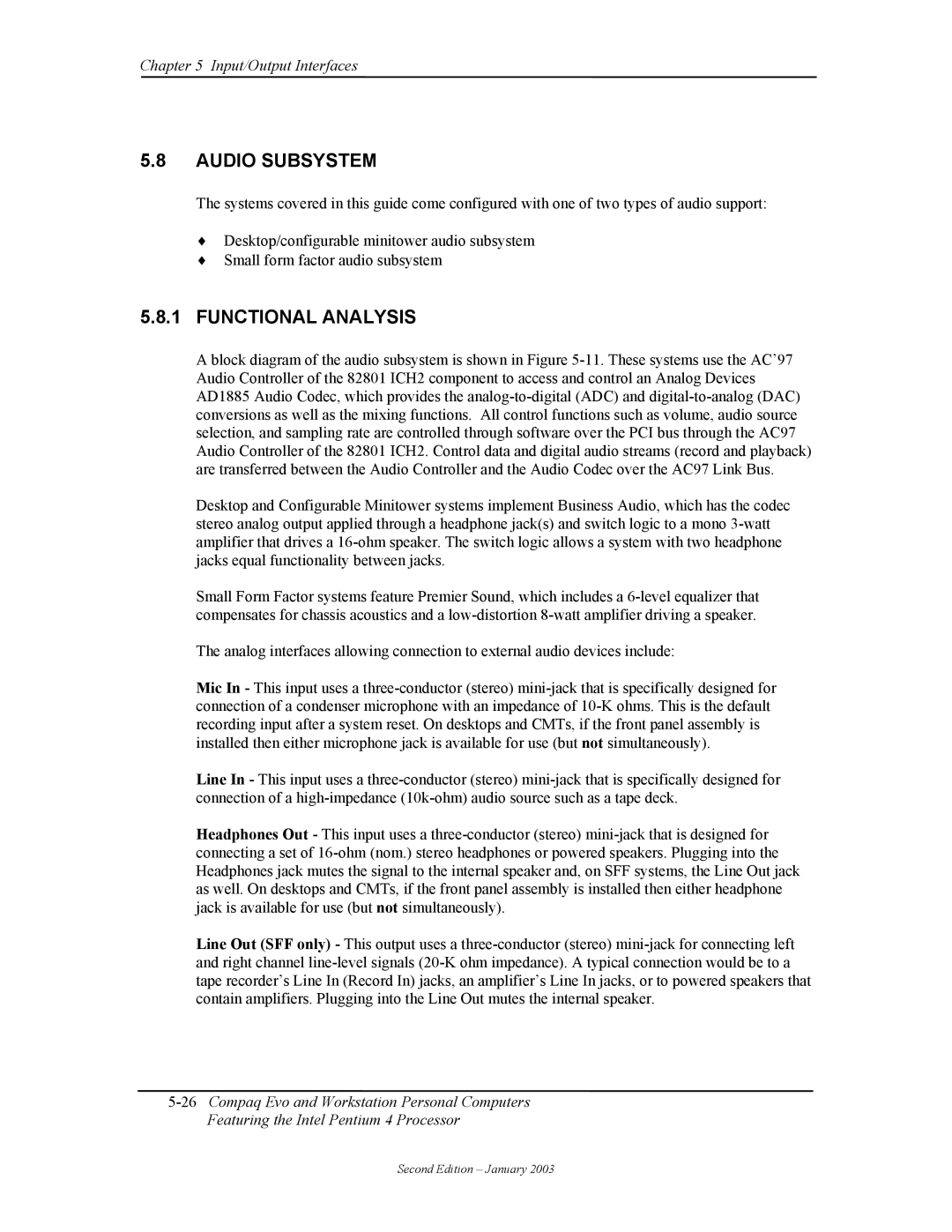 Compaq W4000 manual Audio Subsystem, Functional Analysis 