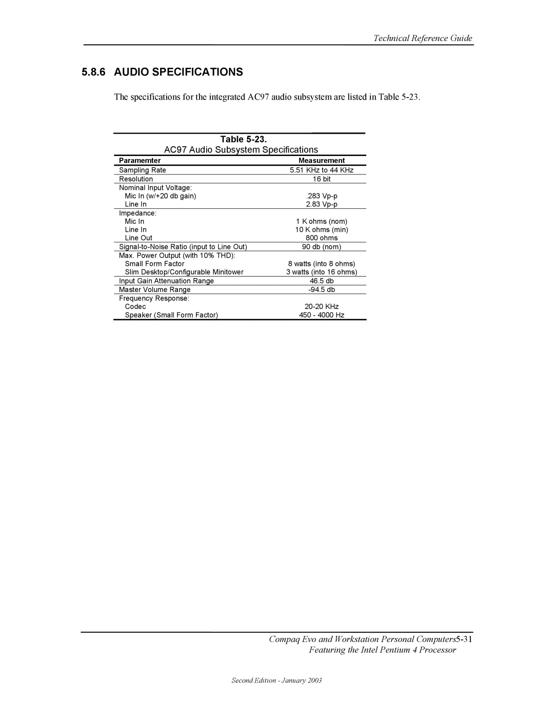 Compaq W4000 manual Audio Specifications, AC97 Audio Subsystem Specifications, Paramemter 