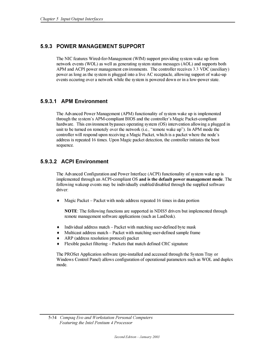 Compaq W4000 manual Power Management Support, APM Environment, Acpi Environment 