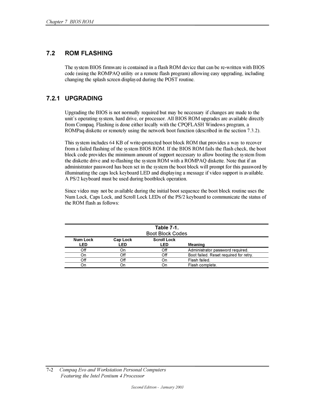 Compaq W4000 manual ROM Flashing, Upgrading, Boot Block Codes, Num Lock Cap Lock Scroll Lock, Meaning 