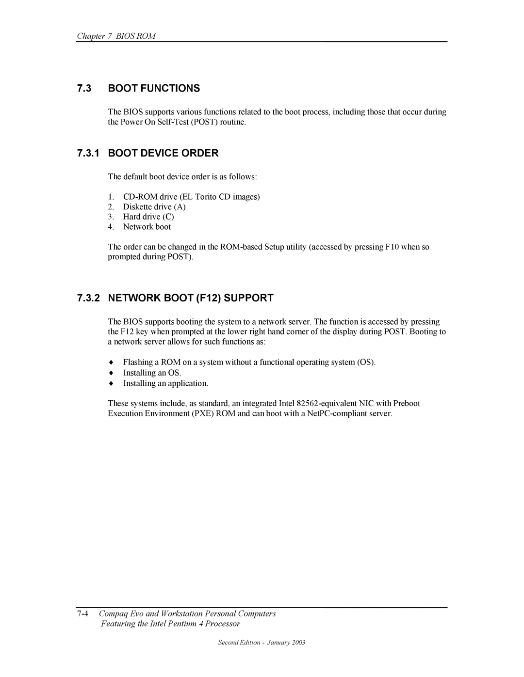 Compaq W4000 manual Boot Functions, Boot Device Order, Network Boot F12 Support 