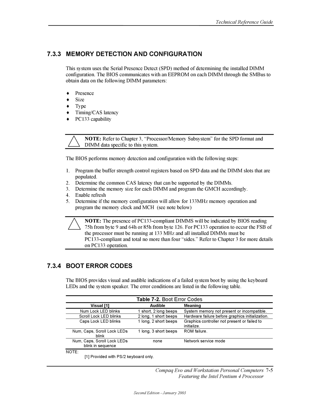 Compaq W4000 manual Memory Detection and Configuration, Boot Error Codes, Visual Audible Meaning 