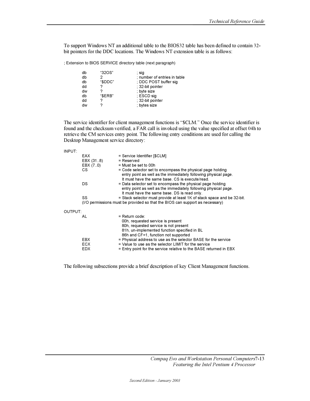 Compaq W4000 manual Input EAX, Output, Ebx, Ecx, Edx 