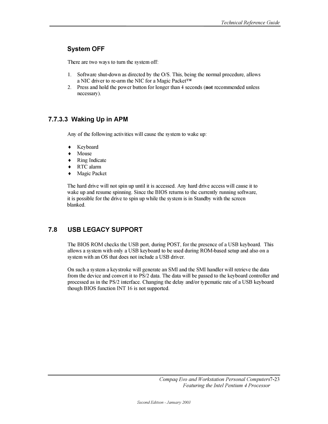 Compaq W4000 manual Waking Up in APM, USB Legacy Support 