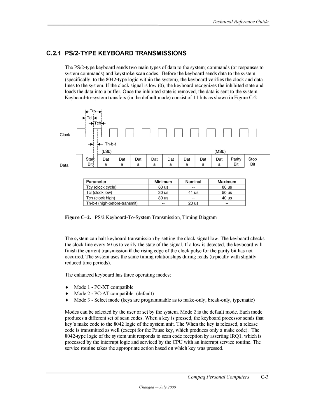 Compaq W4000 manual 1 PS/2-TYPE Keyboard Transmissions, Parameter Minimum Nominal Maximum 