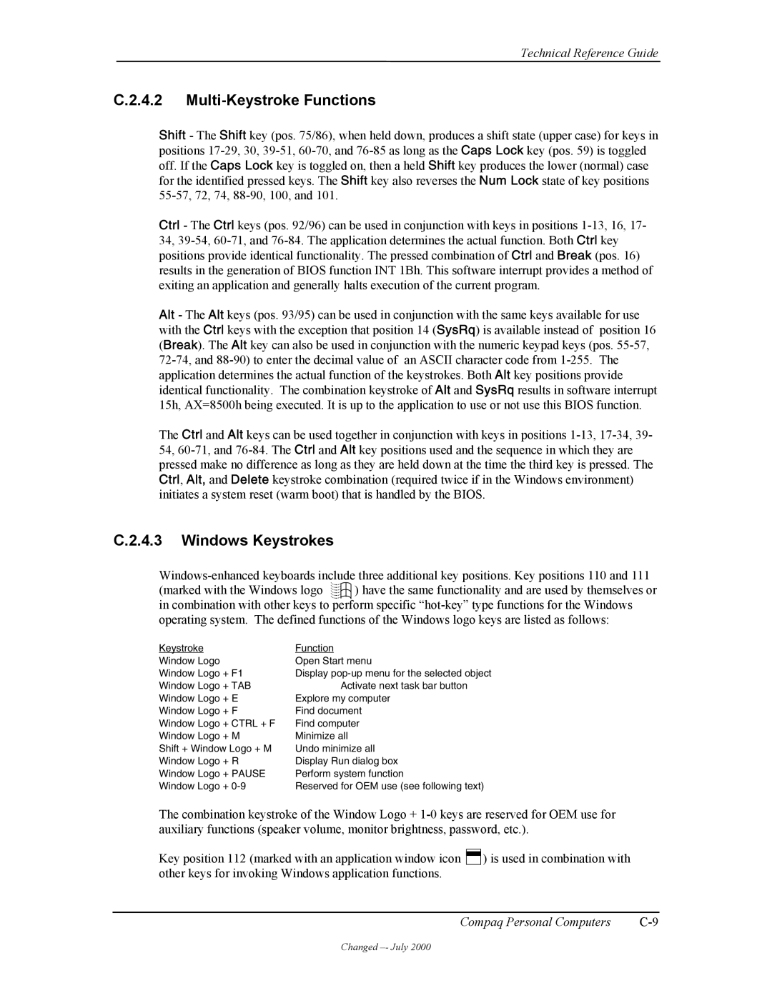 Compaq W4000 manual Multi-Keystroke Functions, Windows Keystrokes 