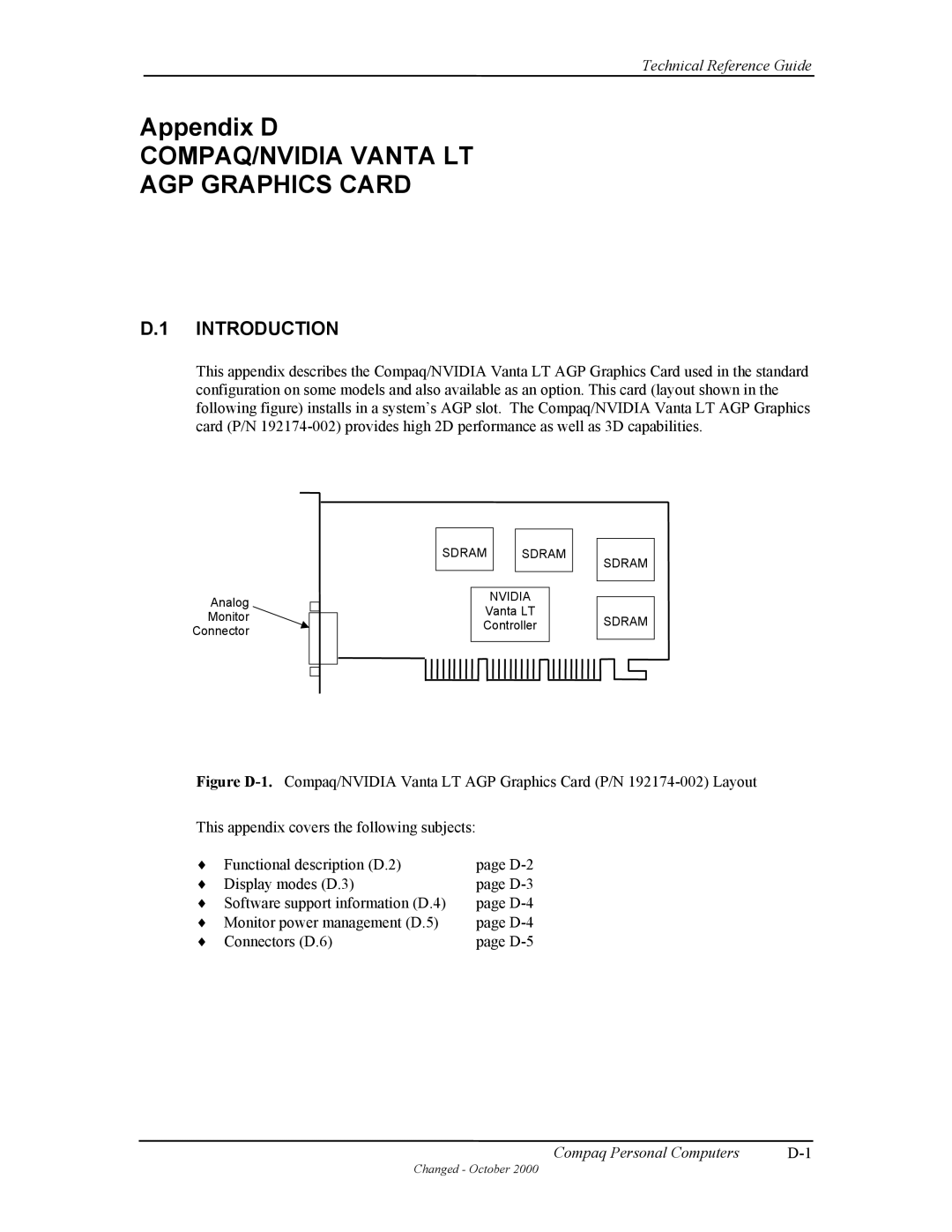 Compaq W4000 manual COMPAQ/NVIDIA Vanta LT AGP Graphics Card, Sdram Nvidia 