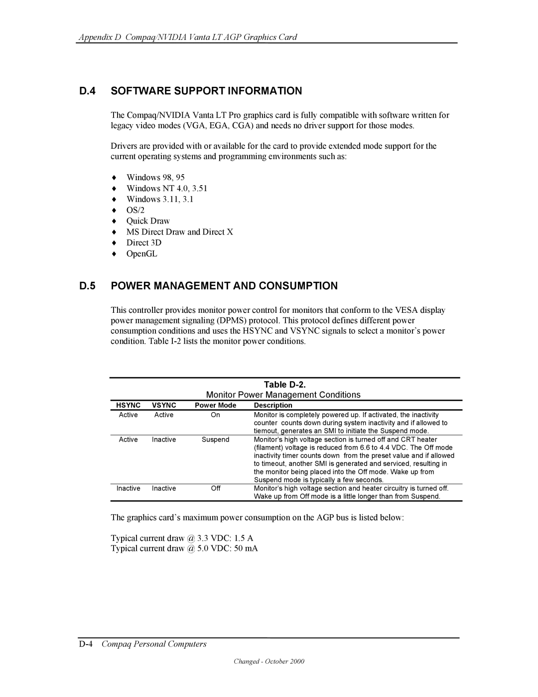 Compaq W4000 manual Software Support Information, Power Management and Consumption, Monitor Power Management Conditions 