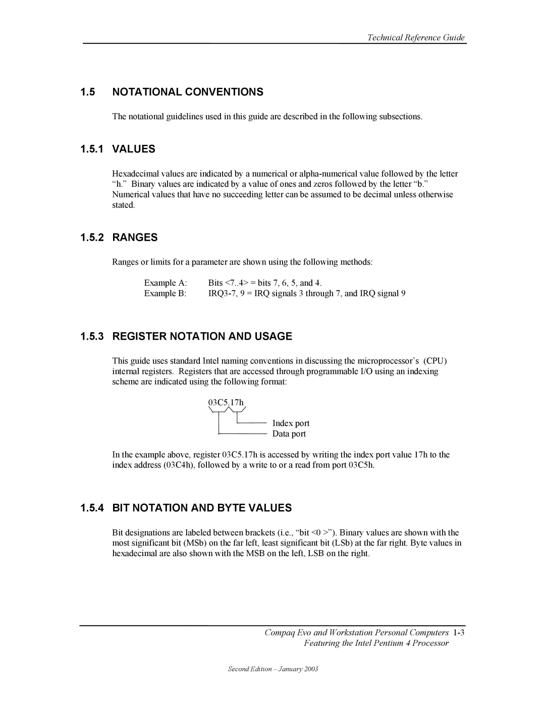 Compaq W4000 manual Notational Conventions, Ranges, Register Notation and Usage, BIT Notation and Byte Values 