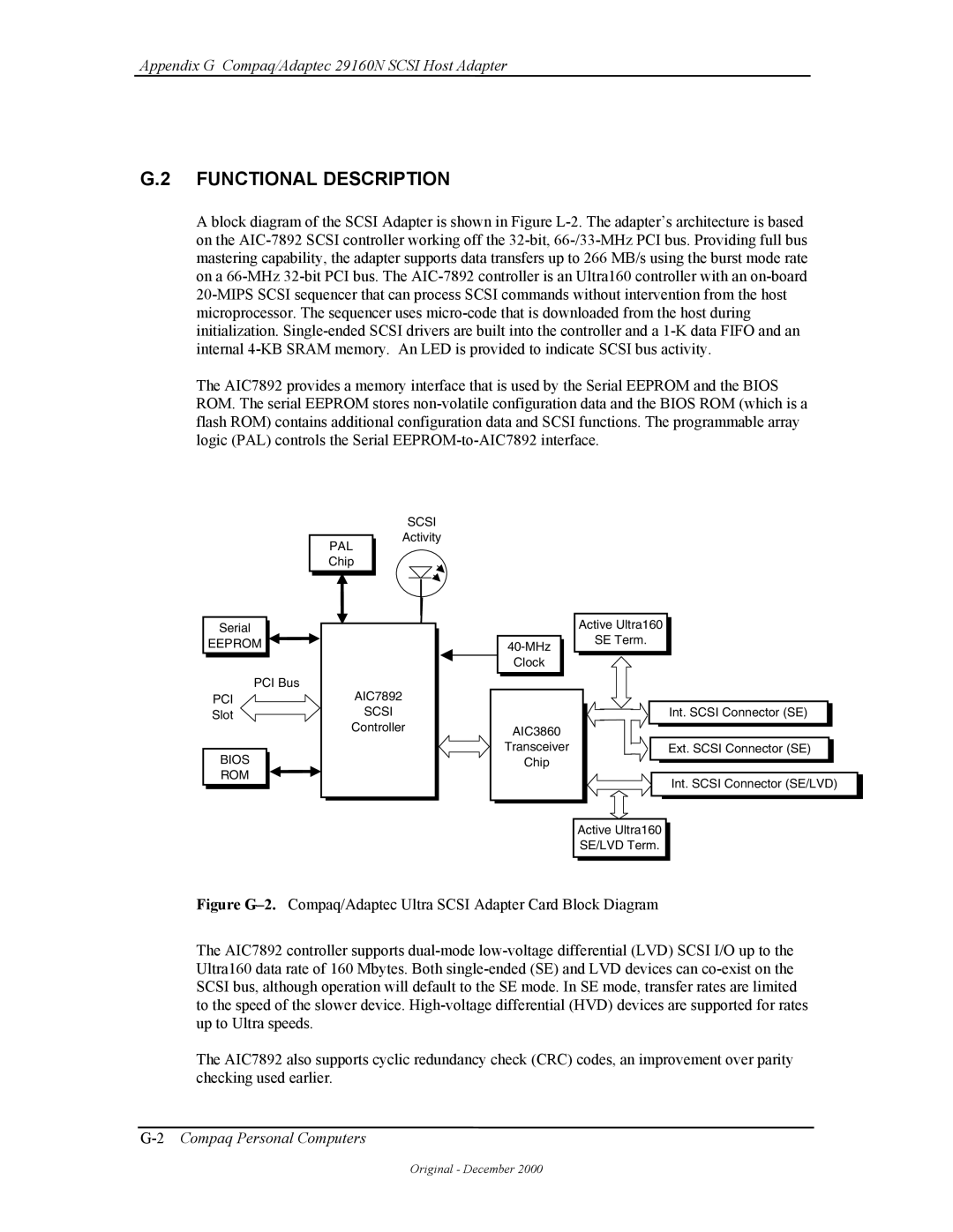 Compaq W4000 manual Appendix G Compaq/Adaptec 29160N Scsi Host Adapter 
