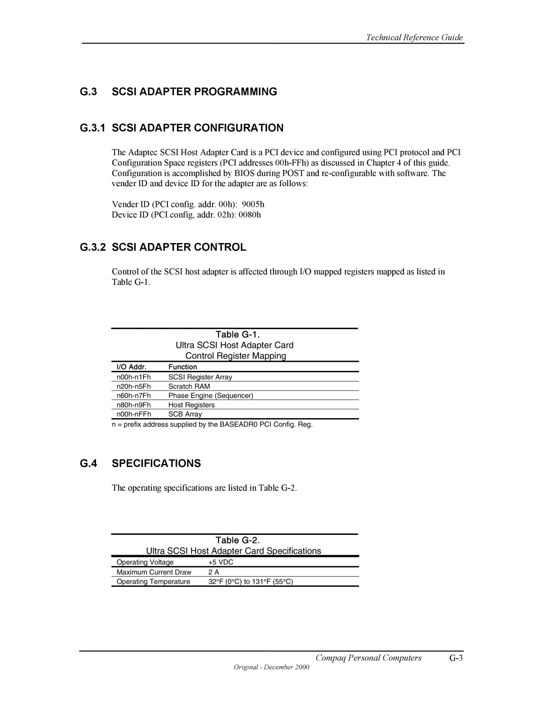 Compaq W4000 manual Scsi Adapter Programming Scsi Adapter Configuration, Scsi Adapter Control, Table G-1, Table G-2 