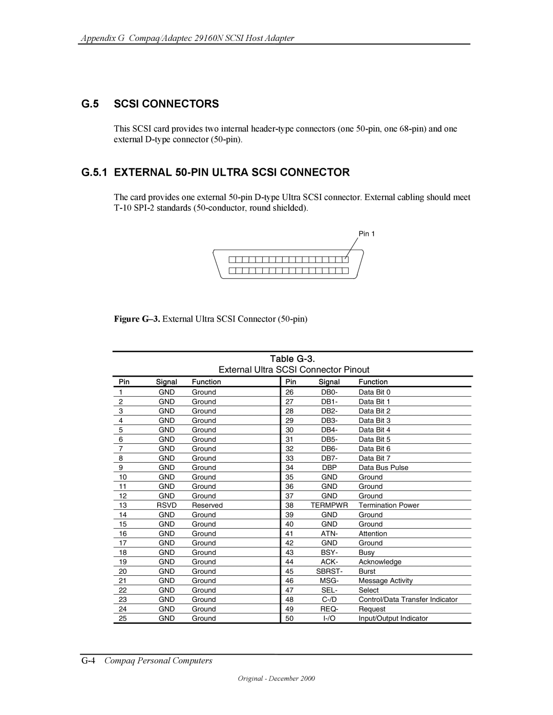 Compaq W4000 manual Scsi Connectors, External 50-PIN Ultra Scsi Connector, Table G-3, External Ultra Scsi Connector Pinout 