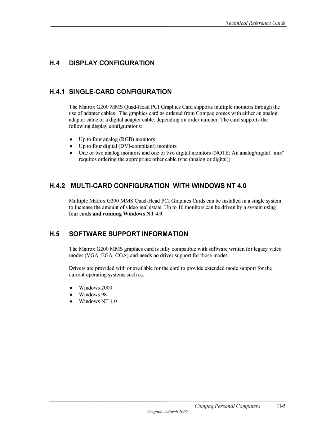 Compaq W4000 manual Display Configuration SINGLE-CARD Configuration, MULTI-CARD Configuration with Windows NT 