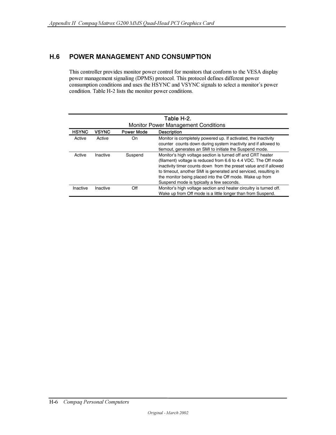 Compaq W4000 manual Power Management and Consumption, Table H-2 