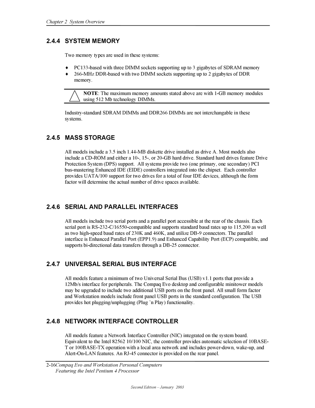 Compaq W4000 manual System Memory, Mass Storage, Serial and Parallel Interfaces, Universal Serial BUS Interface 
