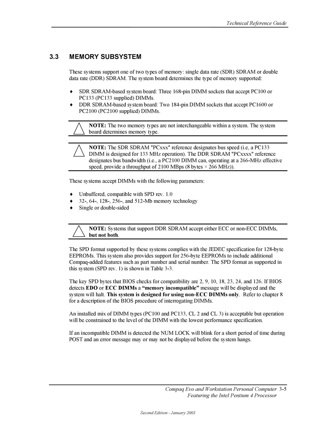 Compaq W4000 manual Memory Subsystem 