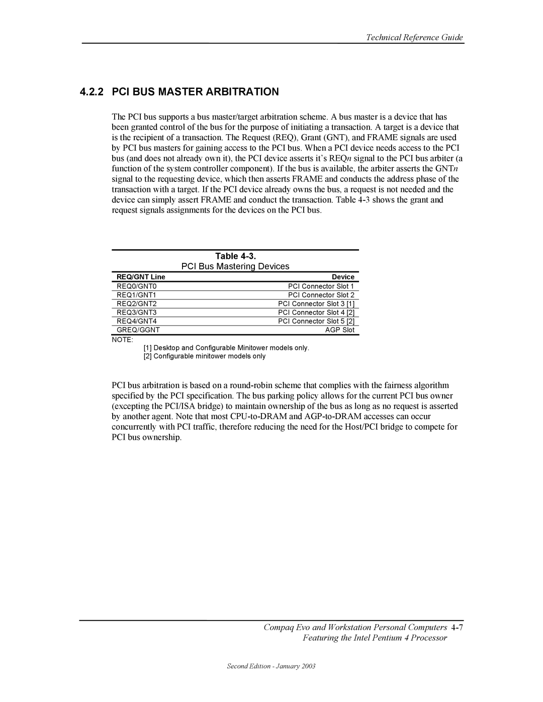 Compaq W4000 manual PCI BUS Master Arbitration, PCI Bus Mastering Devices, REQ/GNT Line Device 