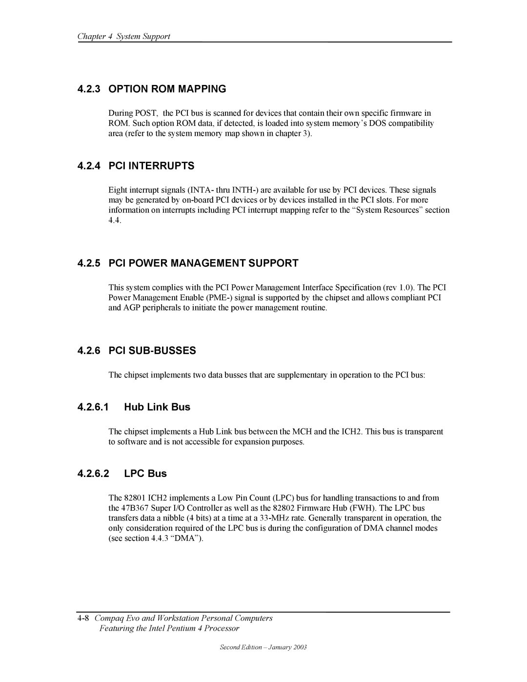 Compaq W4000 manual Option ROM Mapping, PCI Interrupts, PCI Power Management Support, Pci Sub-Busses 