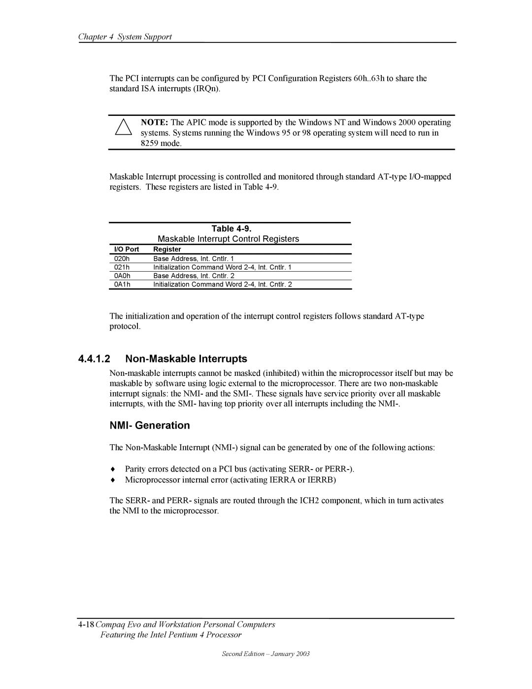 Compaq W4000 manual Non-Maskable Interrupts, NMI- Generation, Maskable Interrupt Control Registers, Port Register 