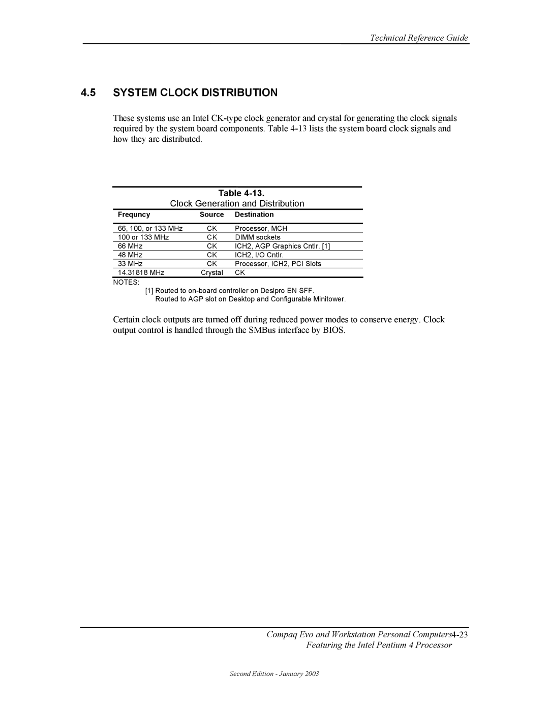 Compaq W4000 manual System Clock Distribution, Clock Generation and Distribution, Frequncy Source Destination 