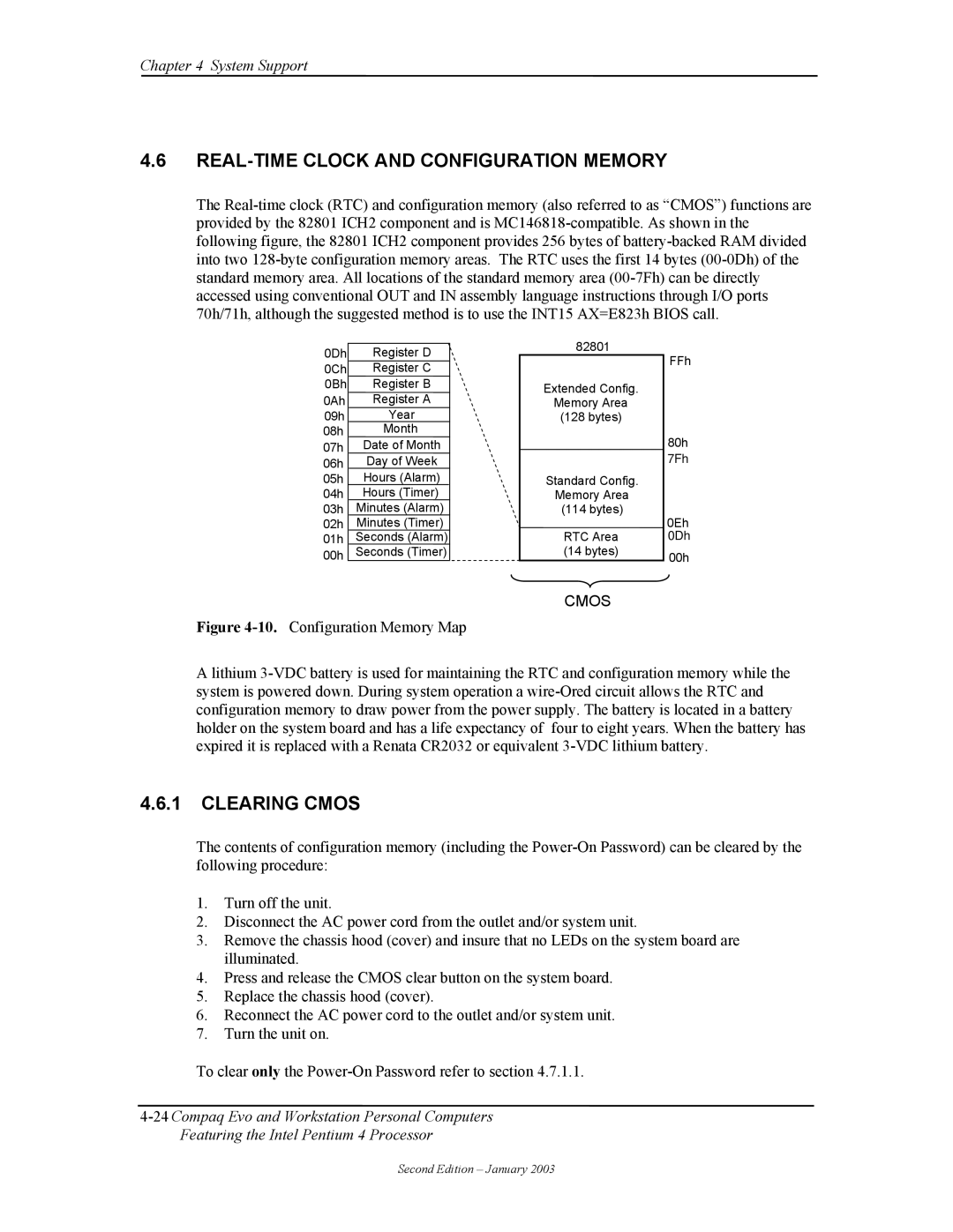 Compaq W4000 manual REAL-TIME Clock and Configuration Memory, Clearing Cmos 