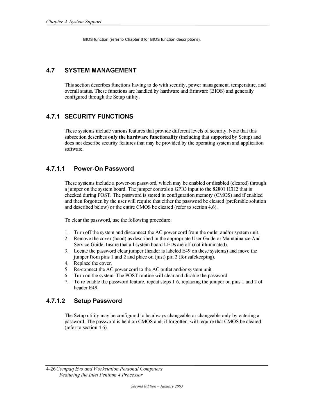 Compaq W4000 manual System Management, Security Functions, Power-On Password, Setup Password 