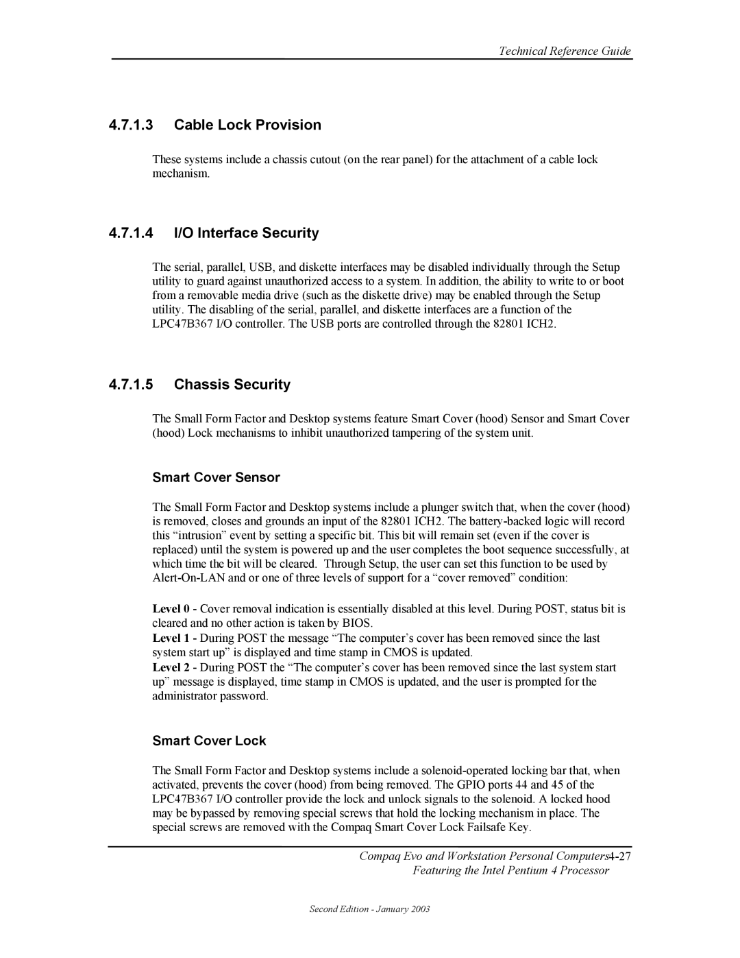 Compaq W4000 manual Cable Lock Provision, 1.4 I/O Interface Security, Chassis Security 