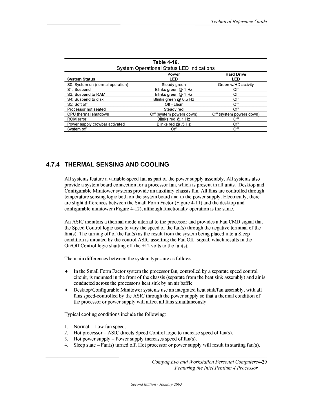 Compaq W4000 manual Thermal Sensing and Cooling, System Operational Status LED Indications, Power Hard Drive System Status 