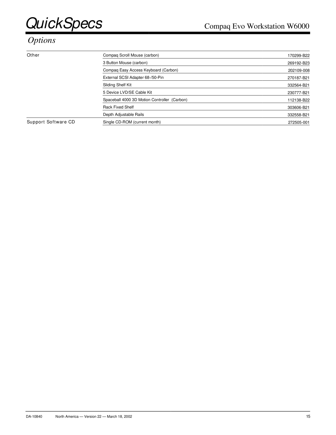 Compaq W6000 warranty Other, Support Software CD 