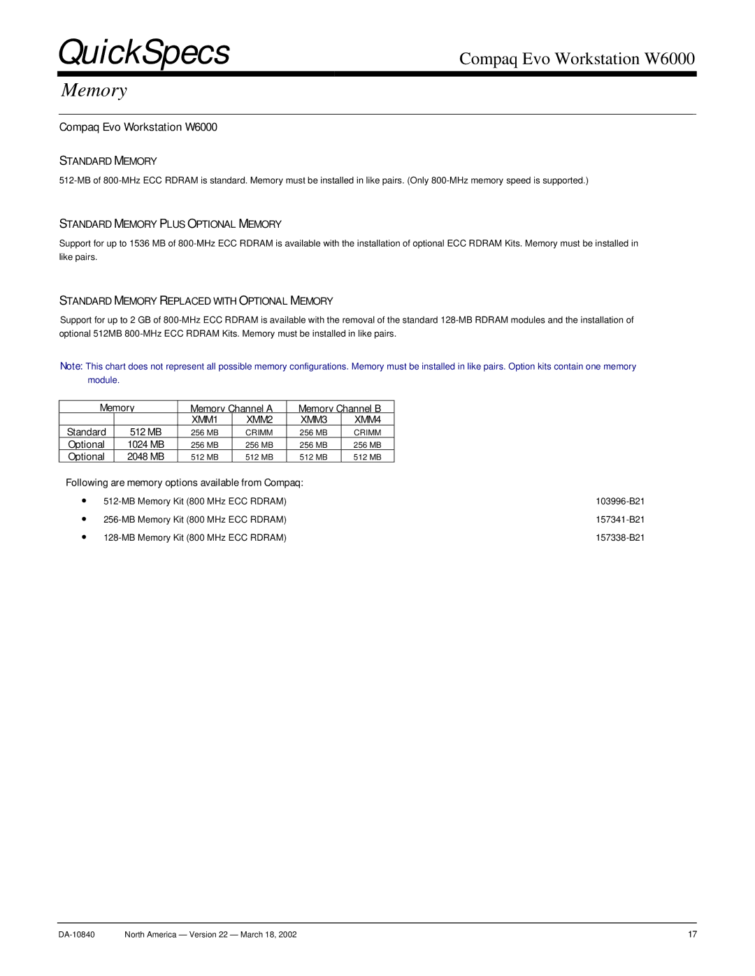 Compaq W6000 warranty Standard 512 MB, Optional 1024 MB, Optional 2048 MB 