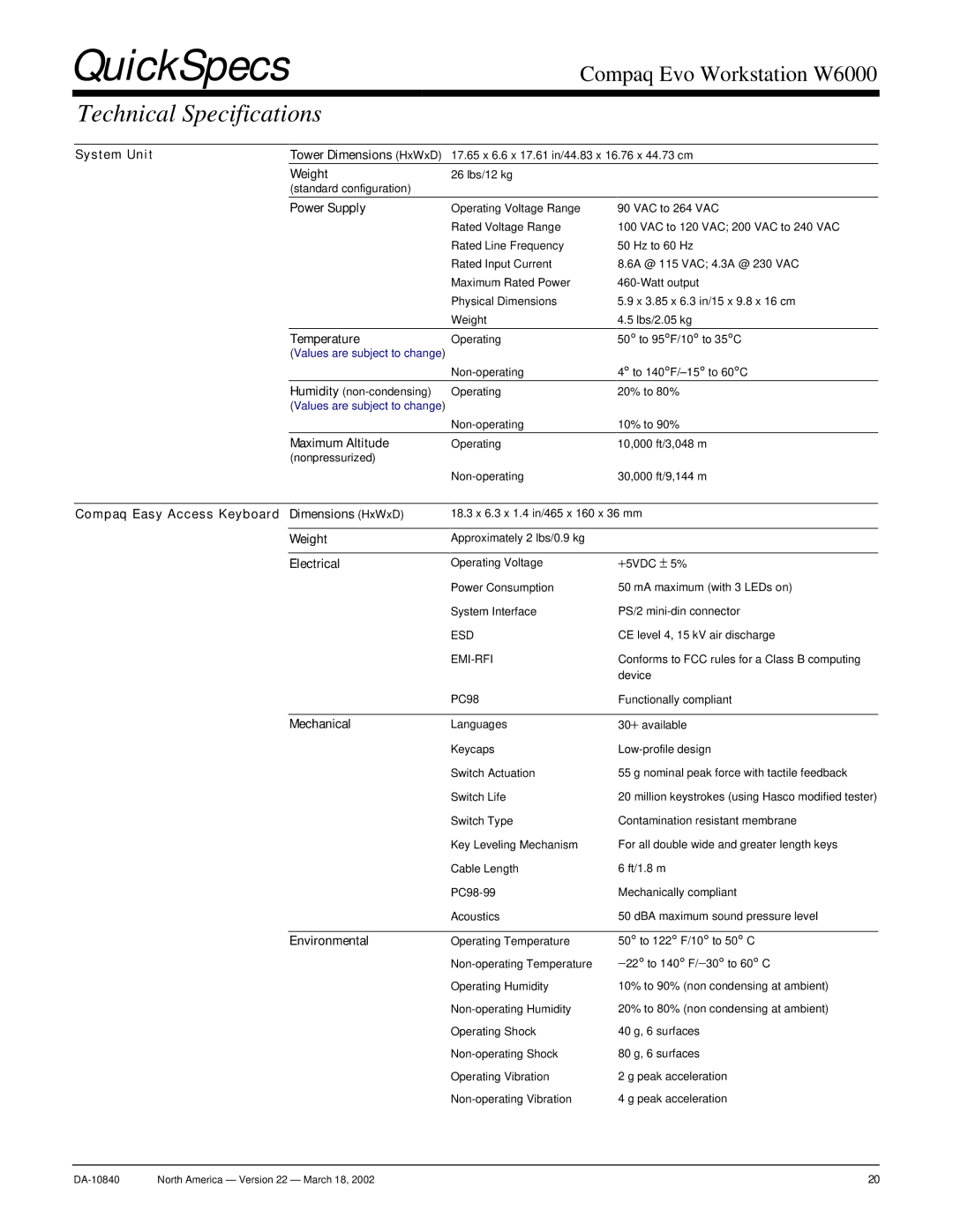 Compaq W6000 warranty Technical Specifications 