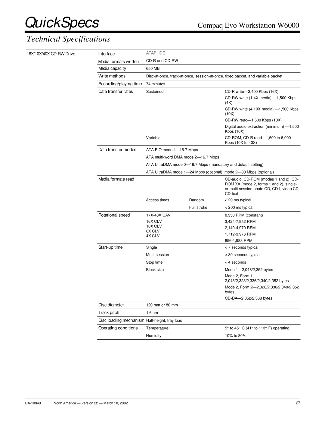 Compaq W6000 16X/10X/40X CD-RW Drive Interface, Media formats written, Media capacity, Write methods, Data transfer rates 