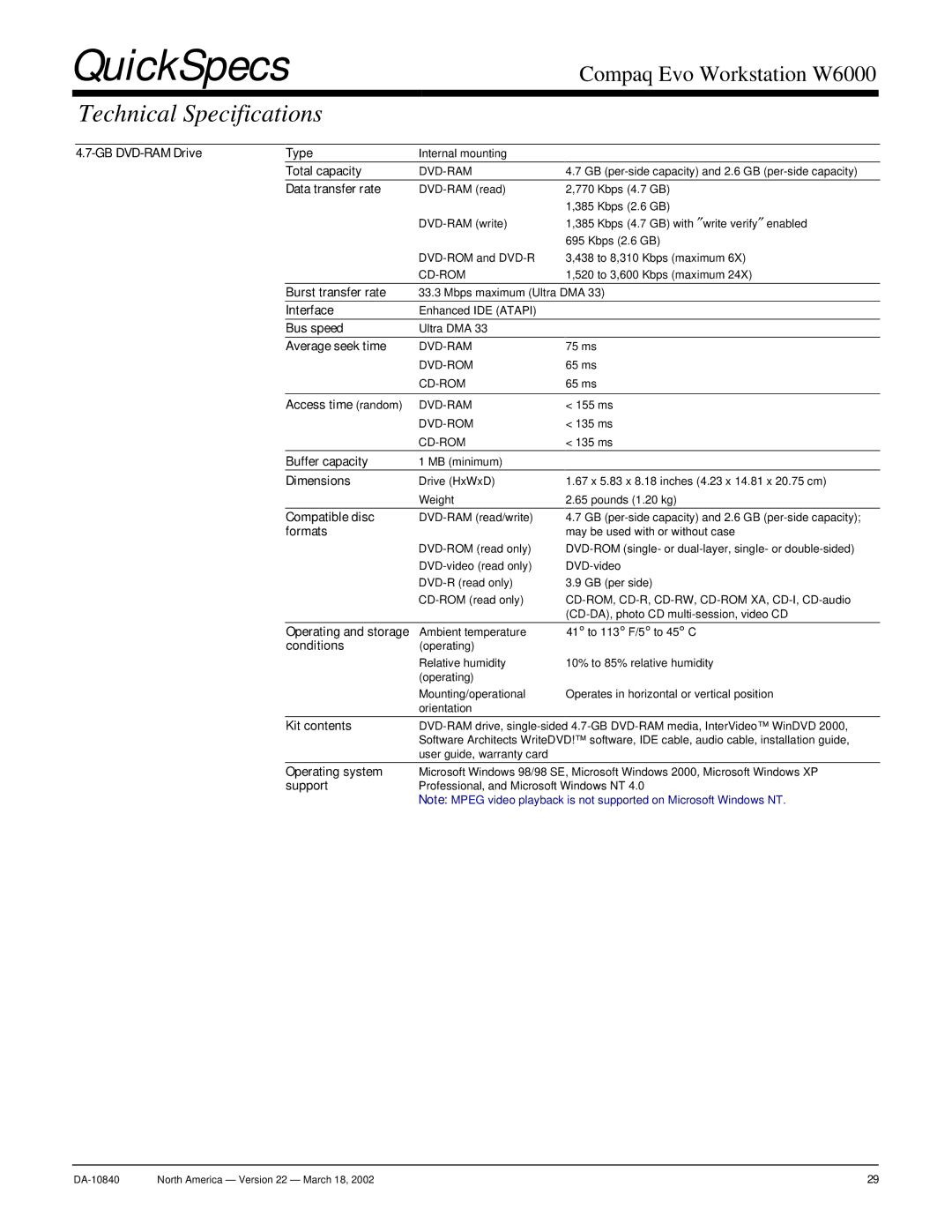 Compaq W6000 GB DVD-RAM Drive Type, Total capacity, Burst transfer rate, Bus speed, Average seek time, Access time random 