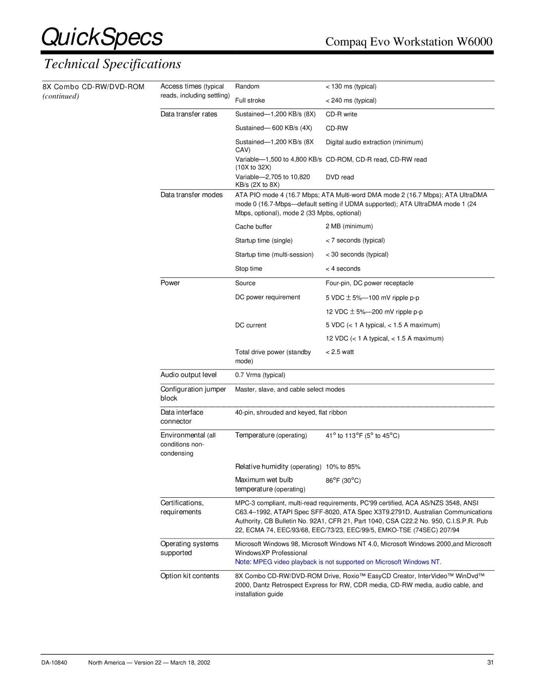 Compaq W6000 8X Combo CD-RW/DVD-ROM Access times typical, Power, Configuration jumper, Block Data interface, Requirements 