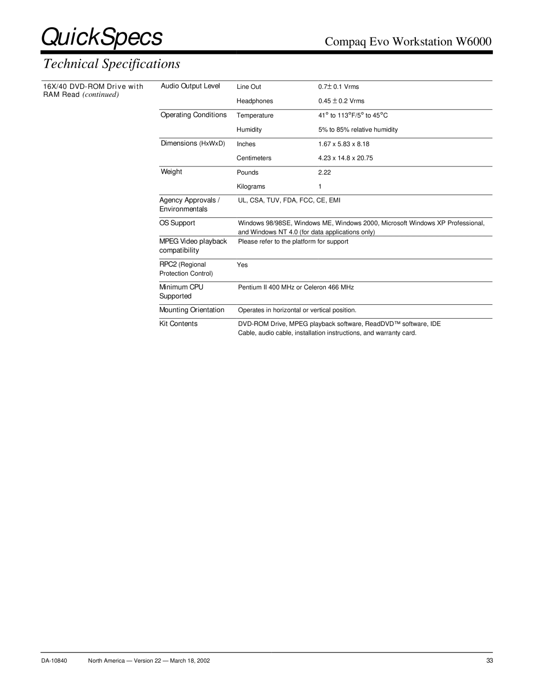 Compaq W6000 16X/40 DVD-ROM Drive with Audio Output Level, Agency Approvals, Environmentals OS Support, Compatibility 