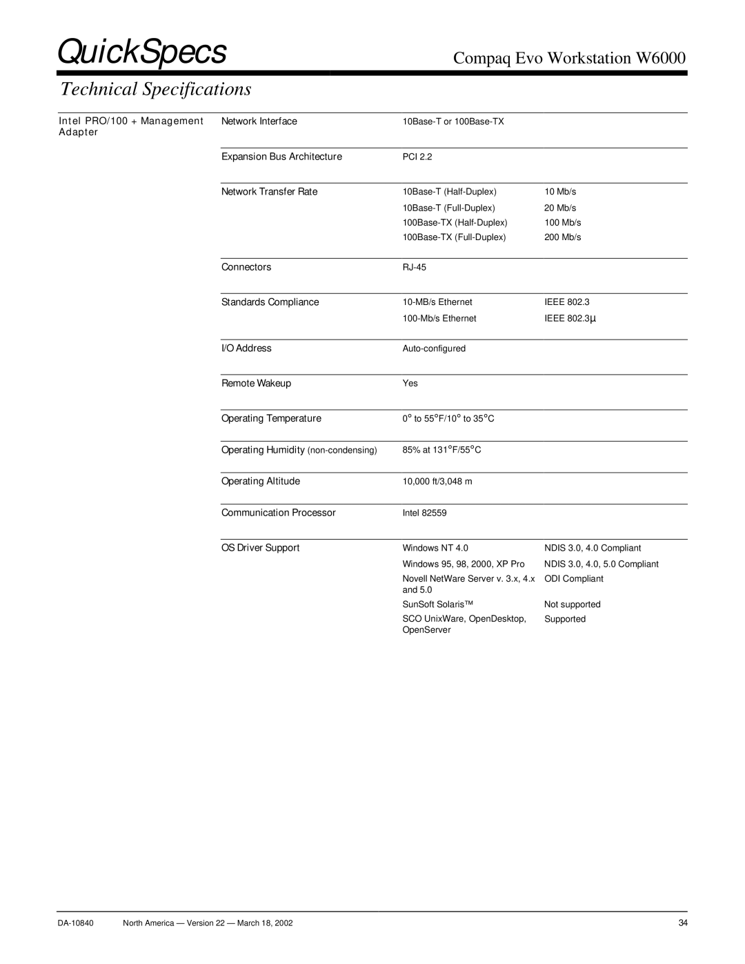 Compaq W6000 Intel PRO/100 + Management Network Interface, Adapter Expansion Bus Architecture, Network Transfer Rate 