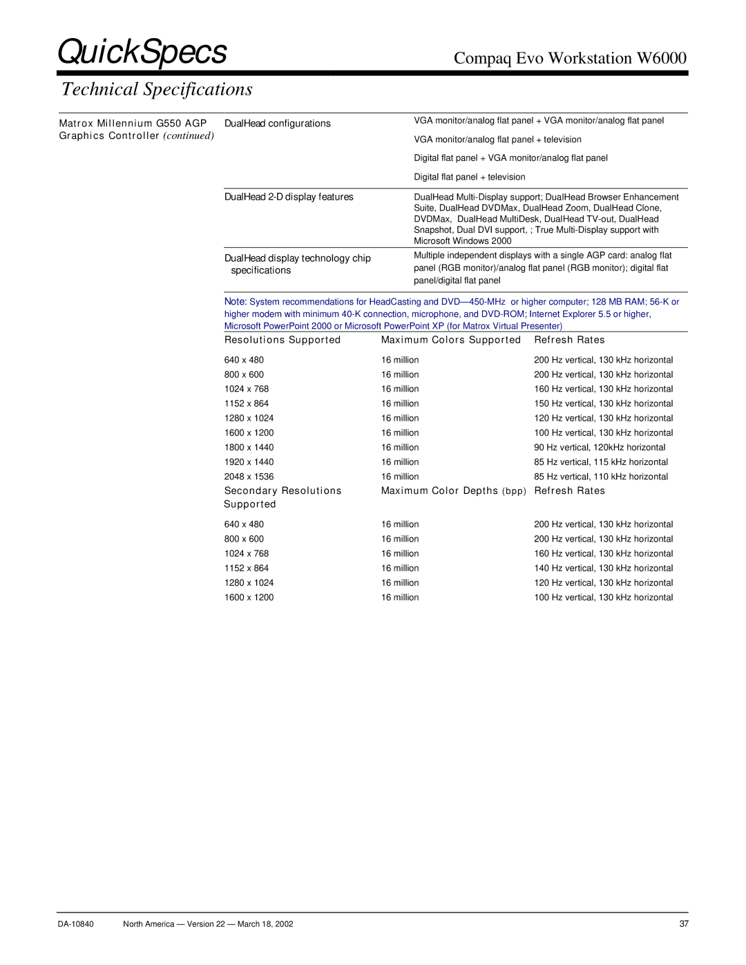 Compaq W6000 warranty Matrox Millennium G550 AGP DualHead configurations, DualHead 2-D display features, Specifications 