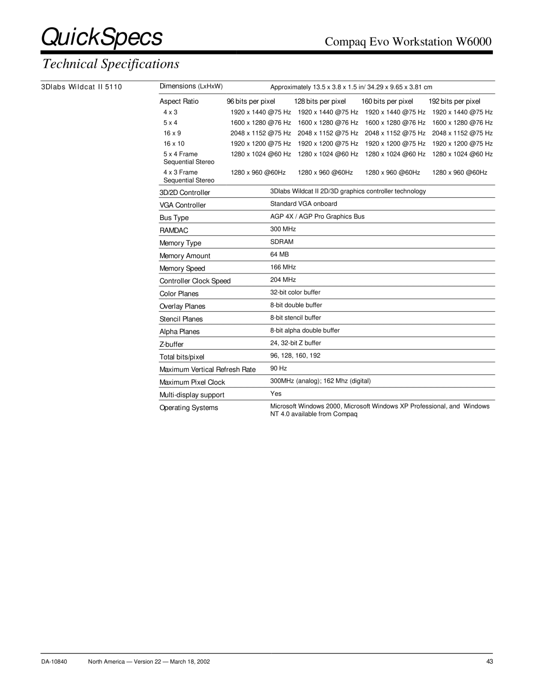 Compaq W6000 warranty 3Dlabs Wildcat II Dimensions LxHxW, Aspect Ratio Bits per pixel 