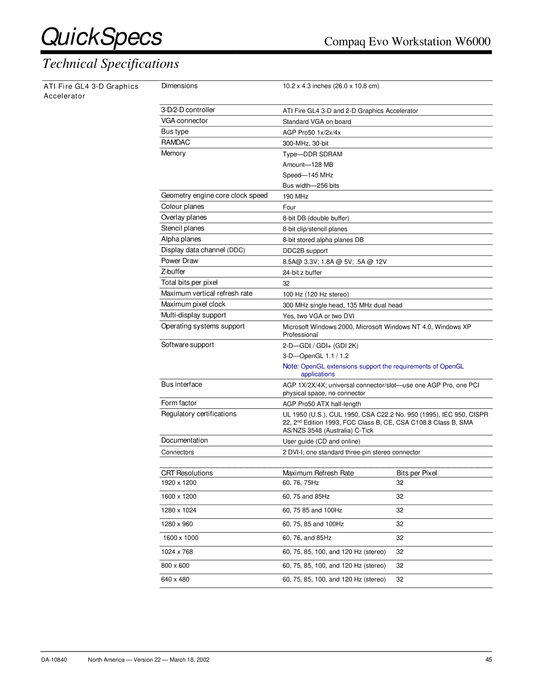 Compaq W6000 ATI Fire GL4 3-D Graphics Accelerator Dimensions, D controller, VGA connector, Colour planes, Power Draw 