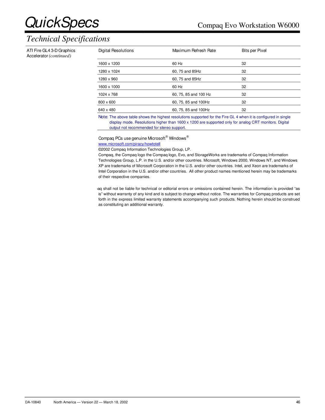 Compaq W6000 warranty Compaq PCs use genuine Microsoft Windows 