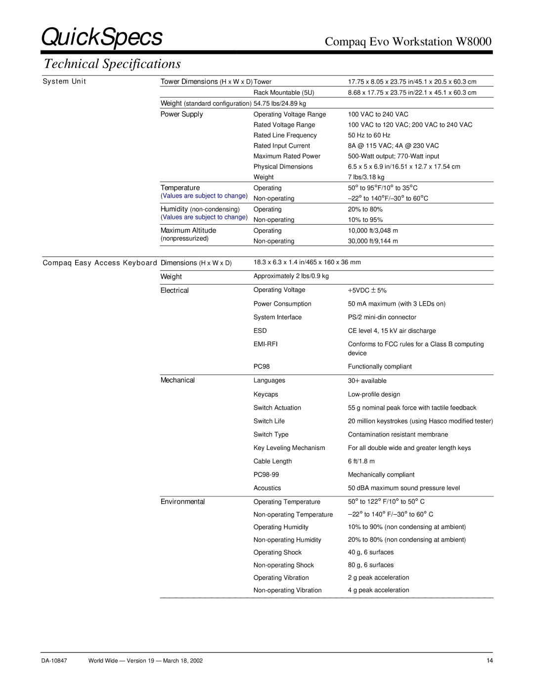 Compaq W8000 warranty Technical Specifications 