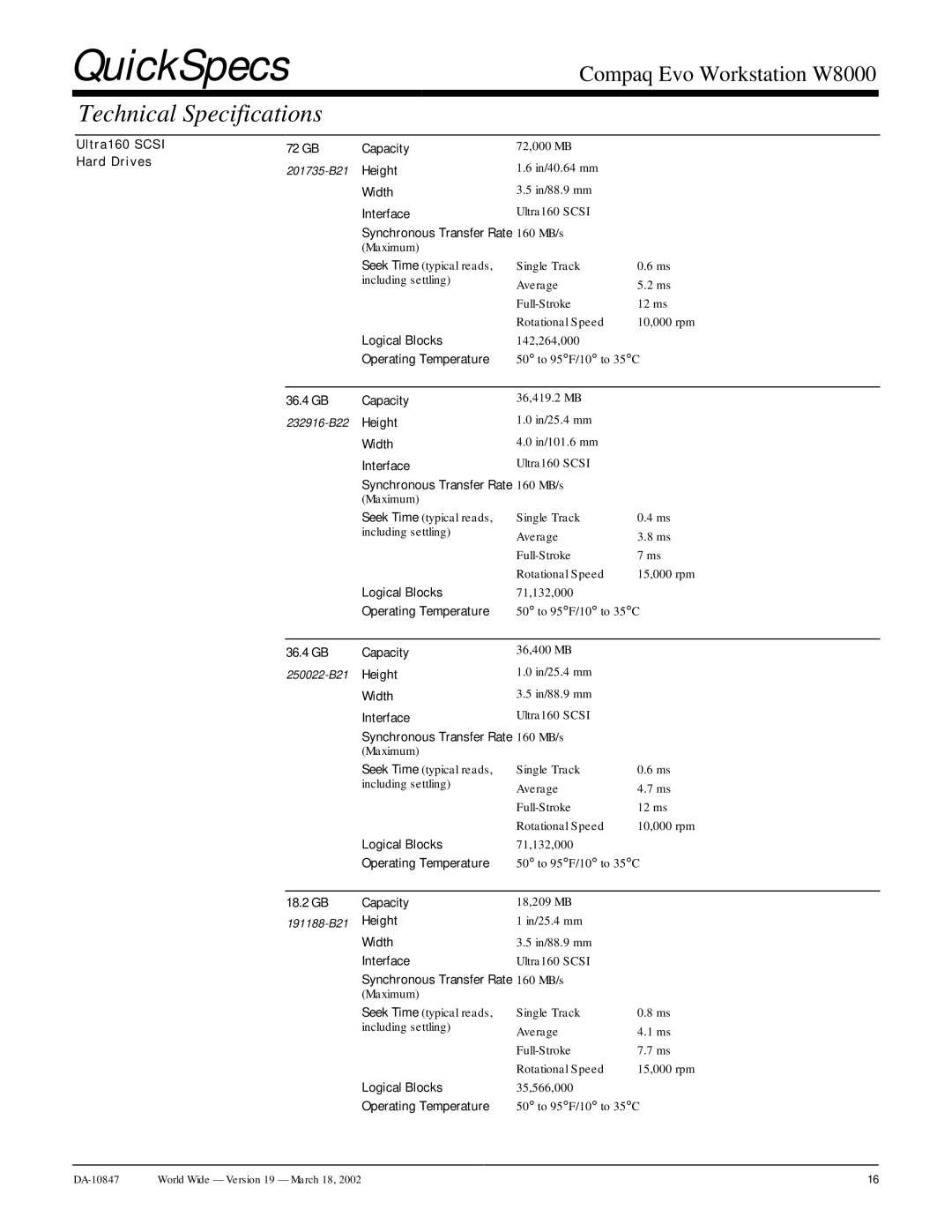 Compaq W8000 Ultra160 Scsi 72 GB Capacity, Height, Width, Interface, Synchronous Transfer Rate 160 MB/s, Logical Blocks 