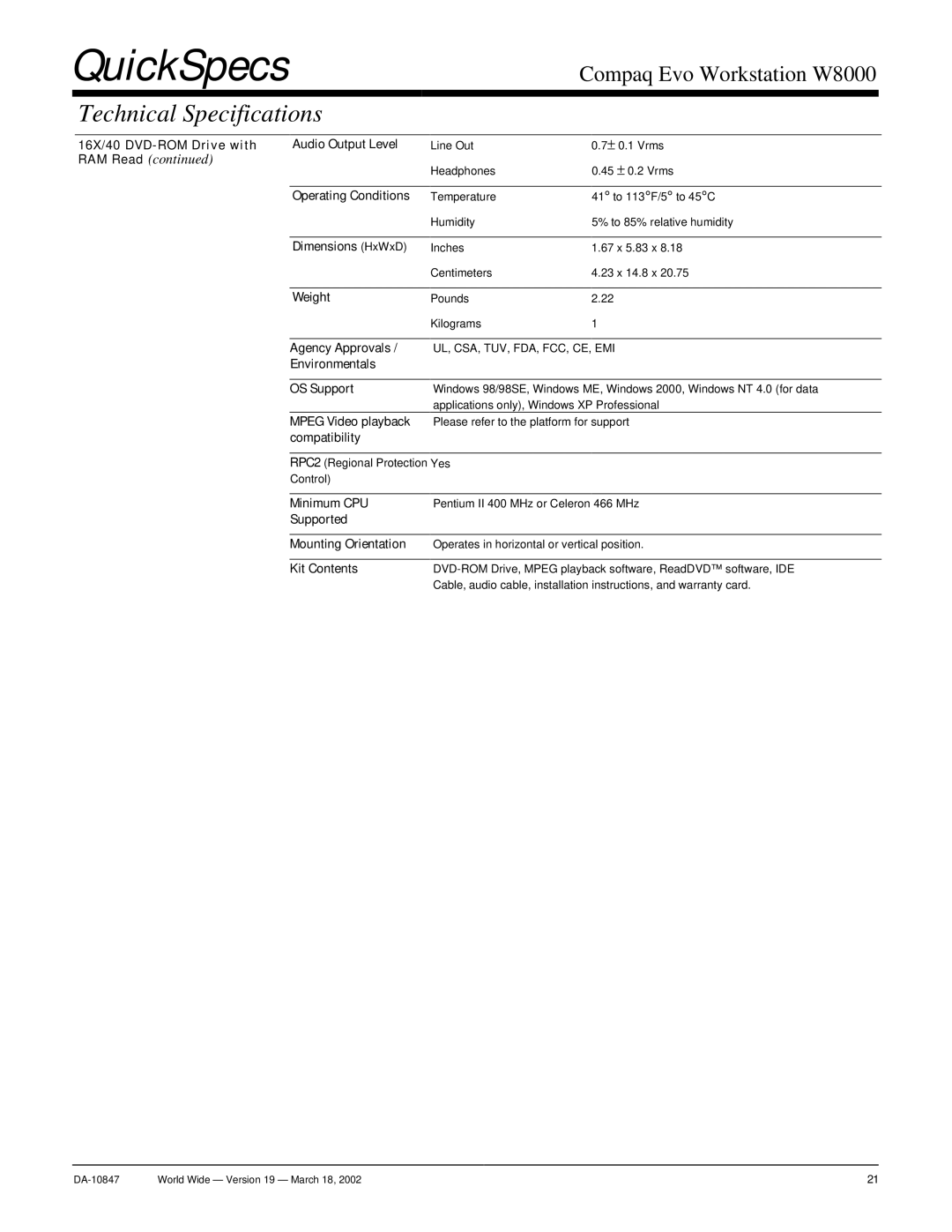 Compaq W8000 16X/40 DVD-ROM Drive with Audio Output Level, Operating Conditions, Dimensions HxWxD, Agency Approvals 