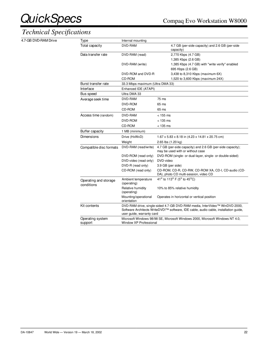 Compaq W8000 GB DVD-RAM Drive Type, Total capacity, Burst transfer rate, Bus speed, Average seek time, Access time random 