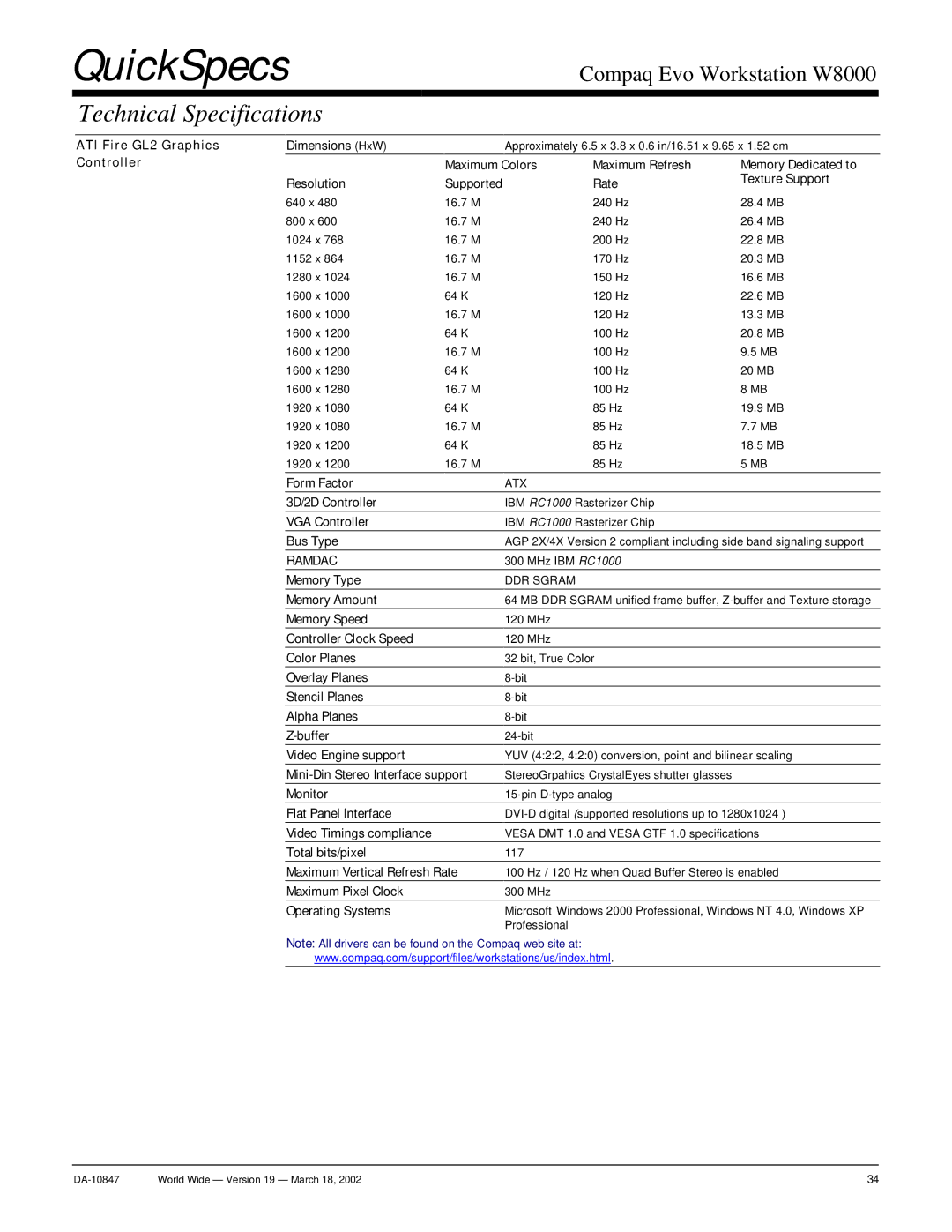 Compaq W8000 ATI Fire GL2 Graphics Dimensions HxW, Video Engine support, Mini-Din Stereo Interface support, Monitor 