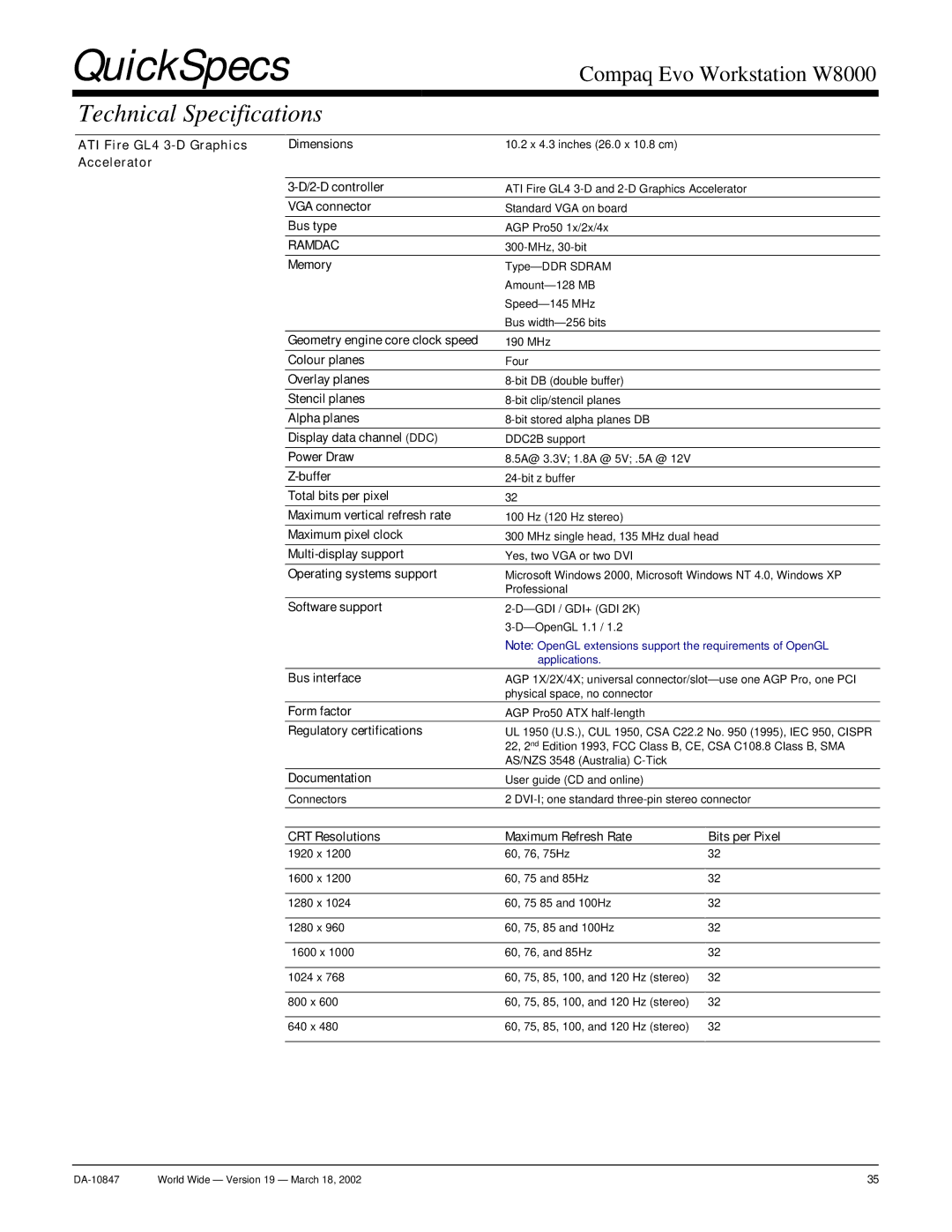 Compaq W8000 ATI Fire GL4 3-D Graphics Accelerator Dimensions, D controller, VGA connector, Colour planes, Power Draw 