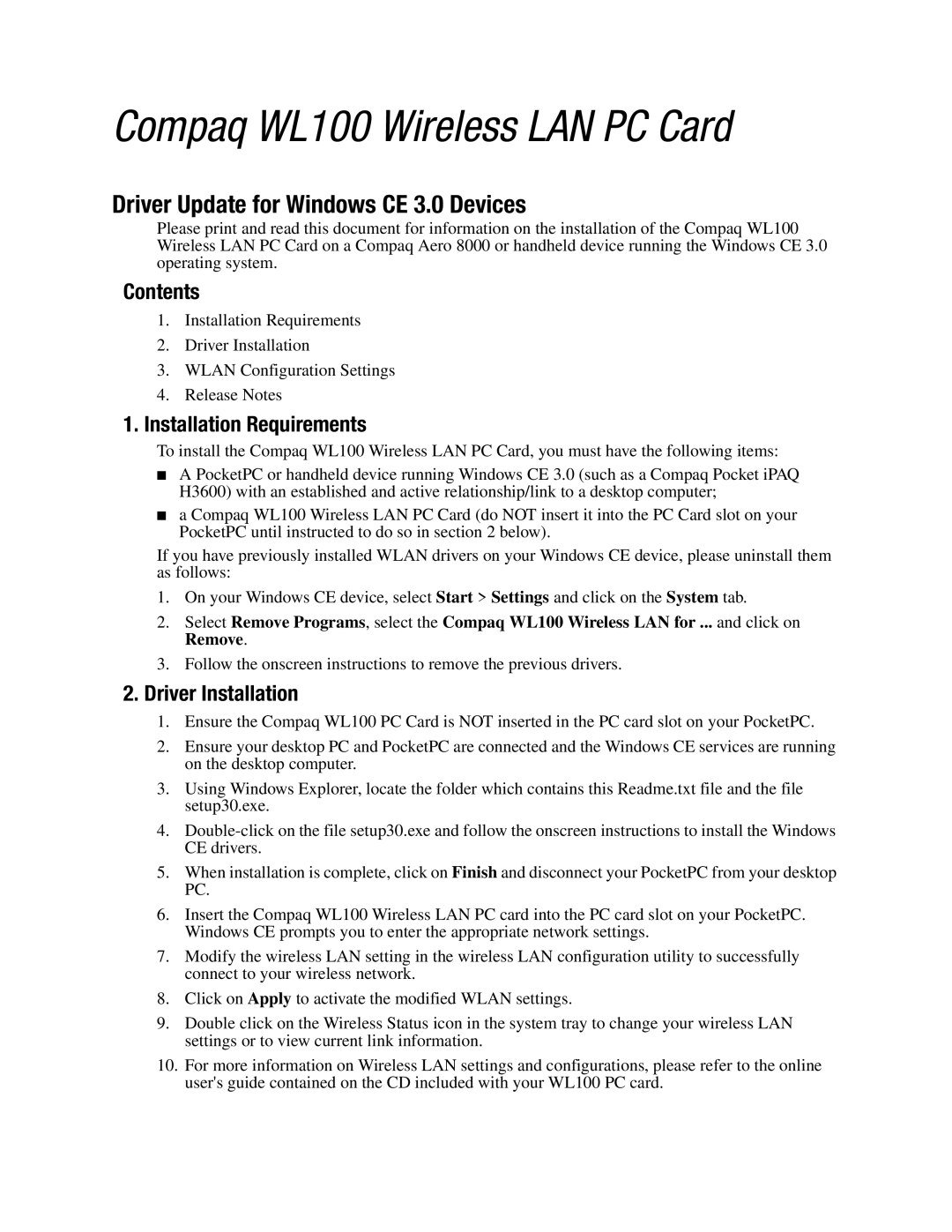 Compaq manual Compaq WL100 Wireless LAN PC Card, Driver Update for Windows CE 3.0 Devices, Contents 