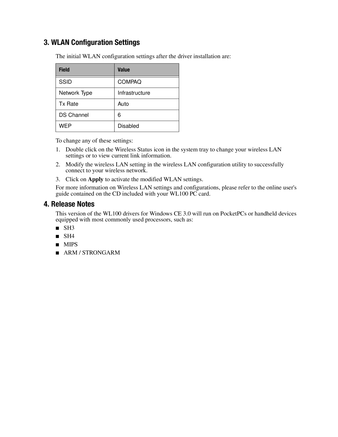 Compaq WL100 manual Wlan Configuration Settings, Release Notes 