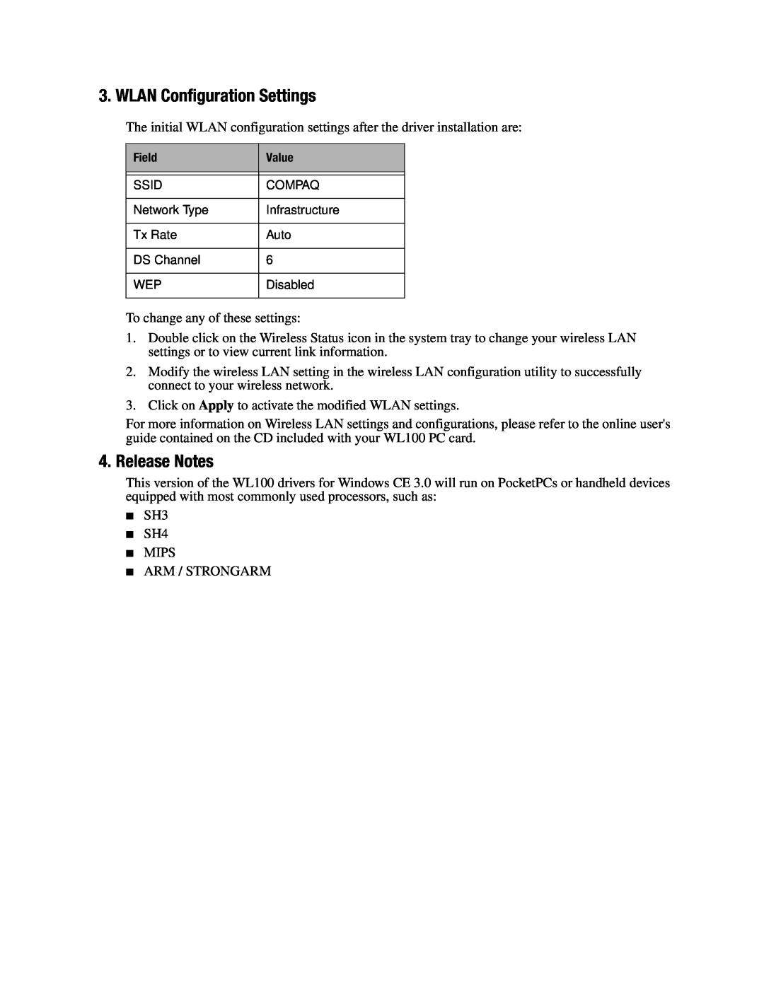 Compaq WL100 manual WLAN Configuration Settings, Release Notes 