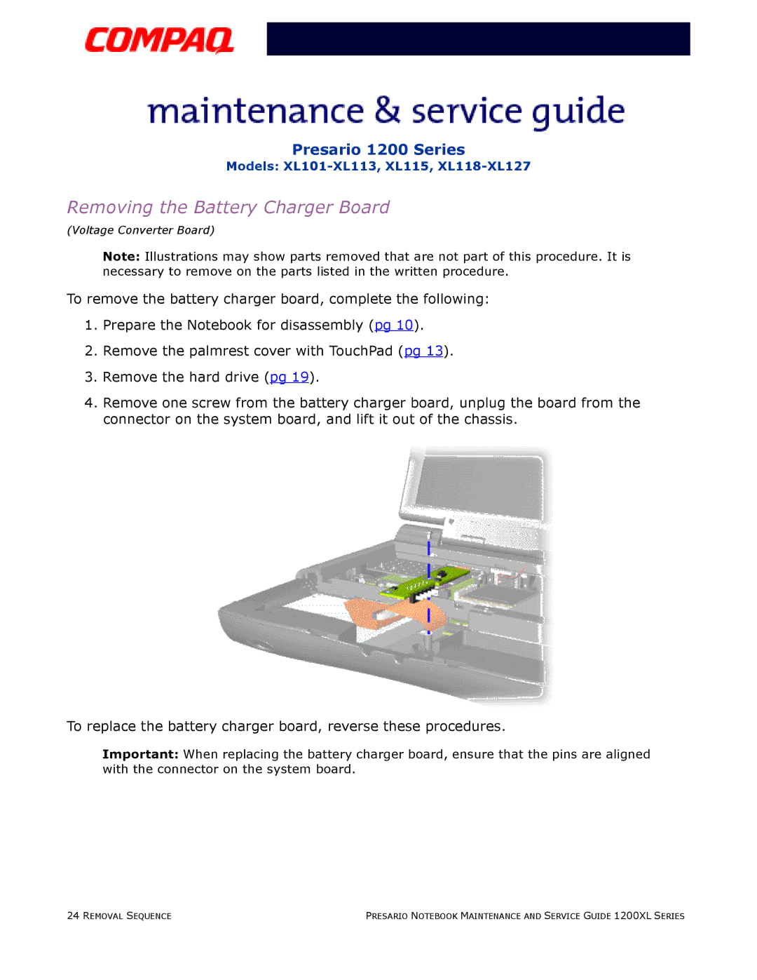 Compaq XL101-XL113, XL115, XL118-XL127 manual Removing the Battery Charger Board 